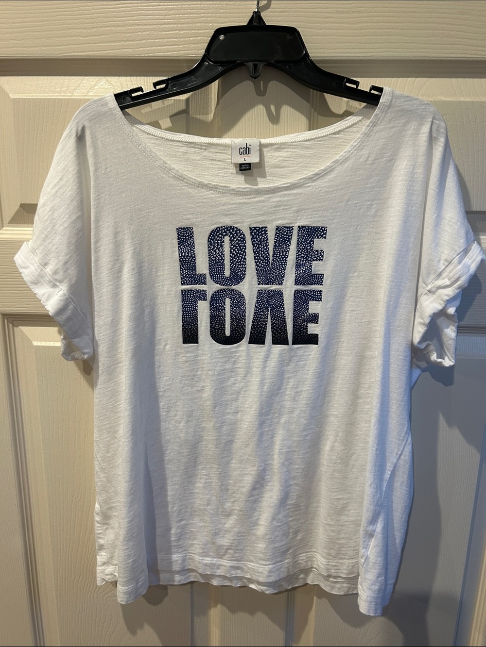 CAbi White Short-Sleeve Tee with Navy Rhinestone 'LOVE TO ME'